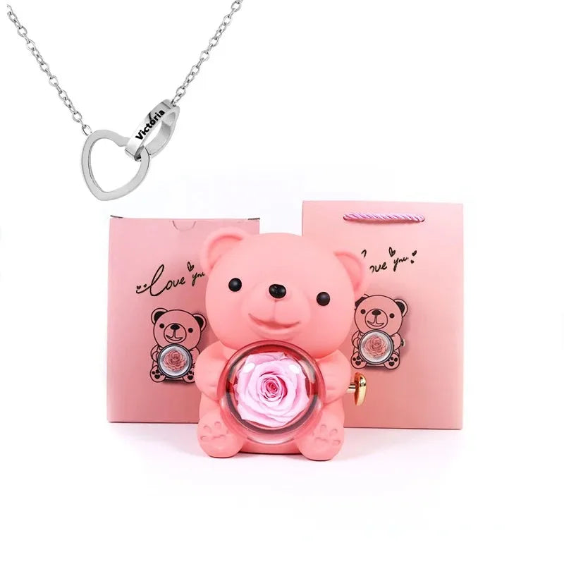 Coffret Bijoux Ours en Rose Éternelle – Collier Plaqué Or Personnalisé