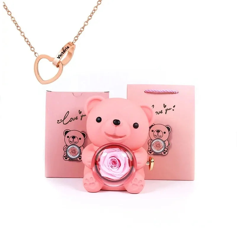 Coffret Bijoux Ours en Rose Éternelle – Collier Plaqué Or Personnalisé