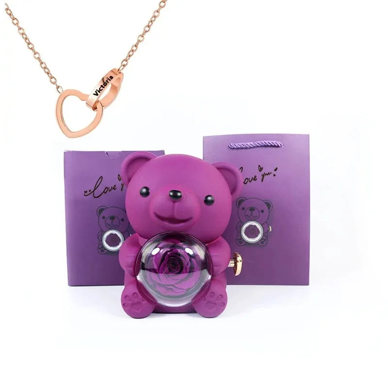 Coffret Bijoux Ours en Rose Éternelle – Collier Plaqué Or Personnalisé