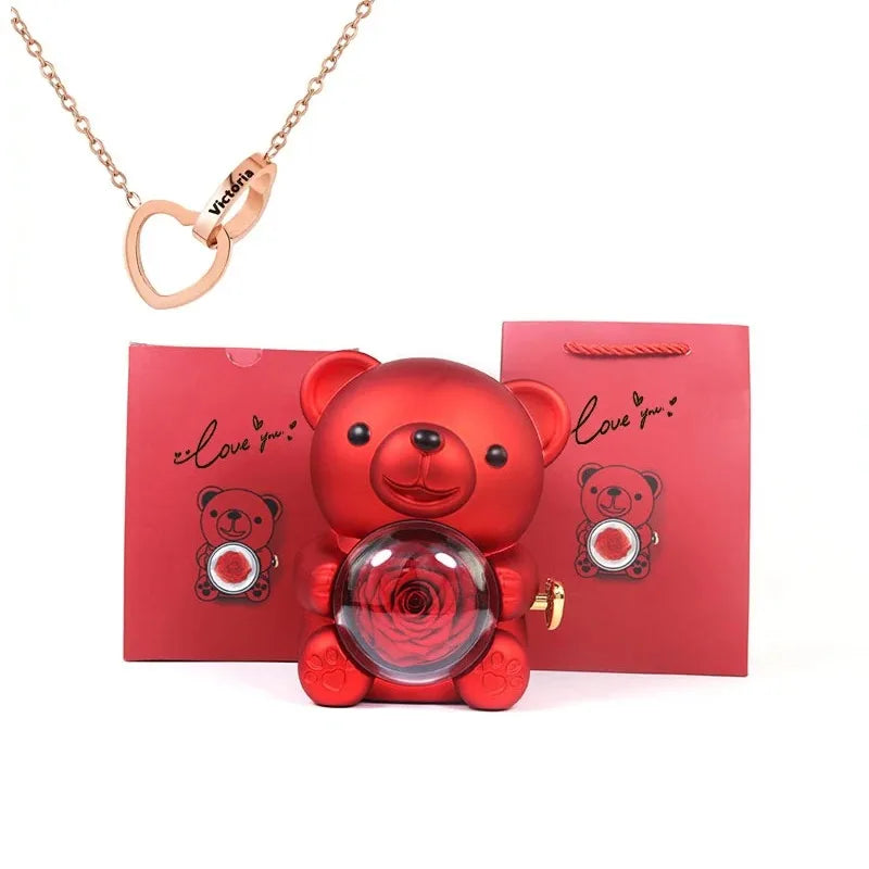 Coffret Bijoux Ours en Rose Éternelle – Collier Plaqué Or Personnalisé