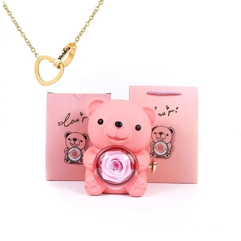 Coffret Bijoux Ours en Rose Éternelle – Collier Plaqué Or Personnalisé