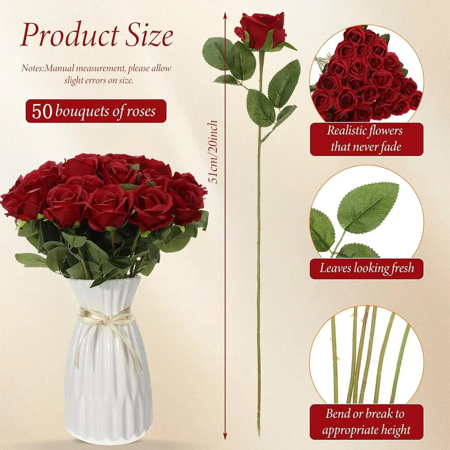 50 Roses Artificielles en Velours – Cadeau Saint-Valentin