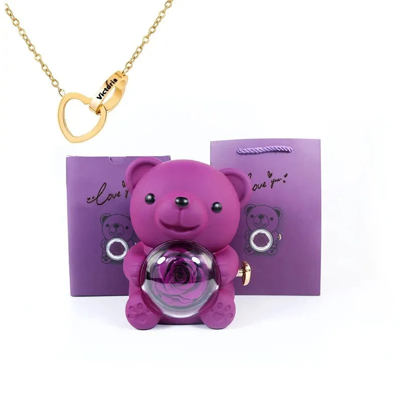Coffret Bijoux Ours en Rose Éternelle – Collier Plaqué Or Personnalisé