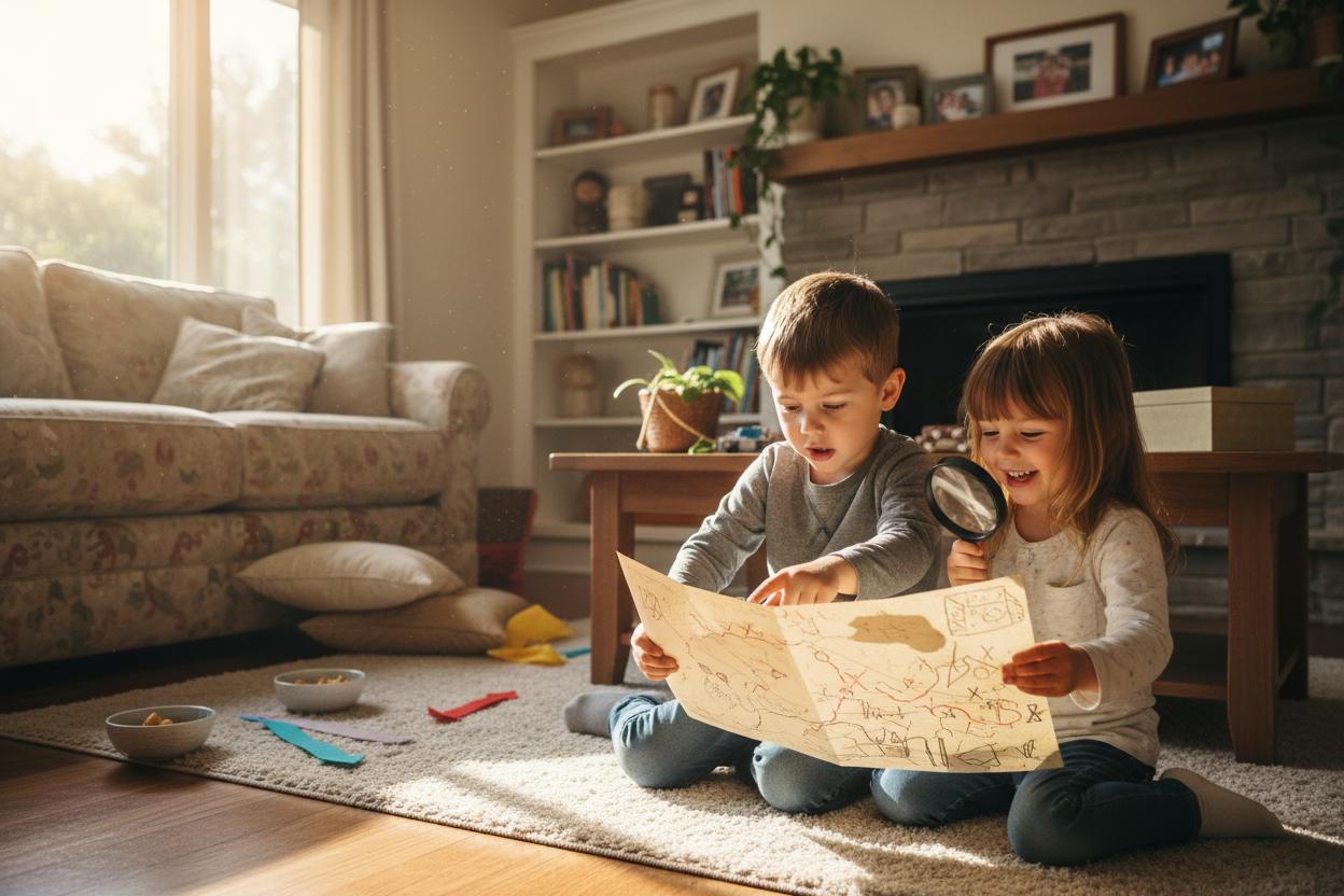cree moi une image ou on voit des enfant a droite de la photo avec un papier dans les main en train de chercher pendant une chasse au tresors a la maison 